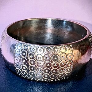Handmade chunky, thick silver-plate over copper punch-stamped bangle bracelet 8"